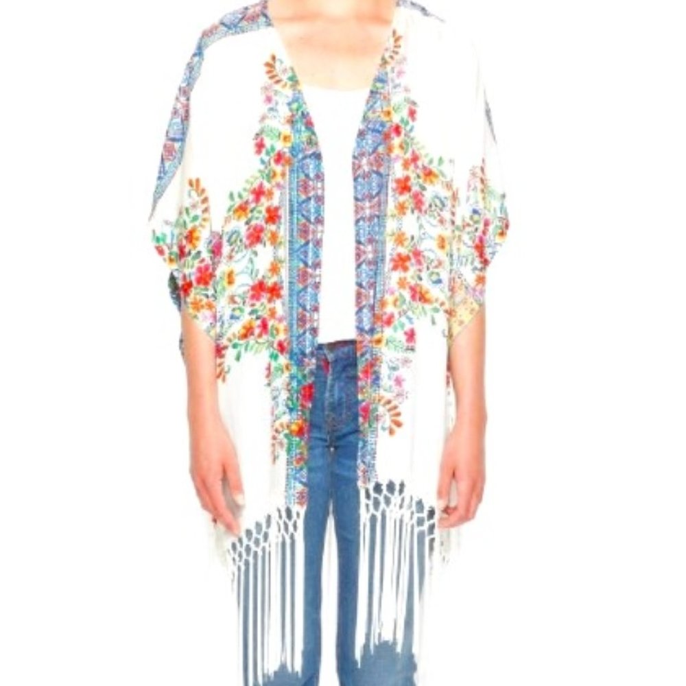 JOHNNY WAS Lovely Silk Floral Cardigan Kimono Jacket with Crochet Fringe